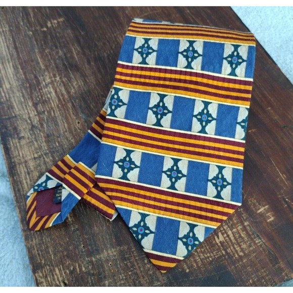 100% Silk Necktie Made USA Blue Cream Orange Red Geometric Stripe XMI Me… - Picture 4 of 11
